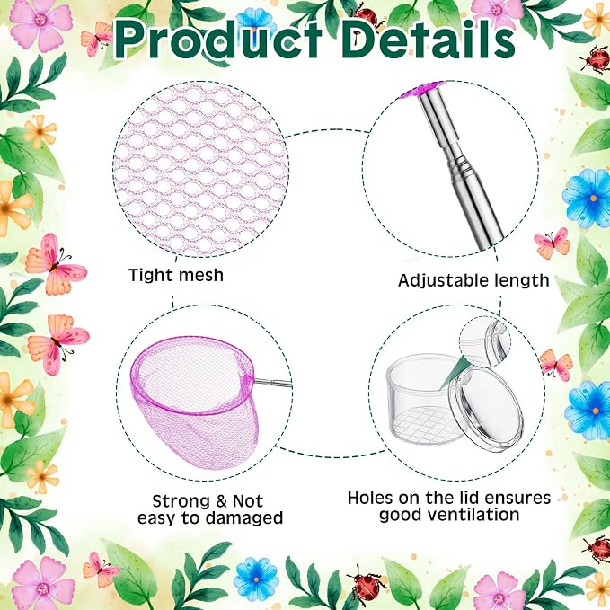 Arrowbash 48 Pcs Kids Butterfly Fishing Nets Bulk Colorful Telescopic Butterfly Fishing Nets with Stainless Steel Pole Handle 34 Inch with 20 Pcs Plastic Insect Bottle Nature Exploration Toys