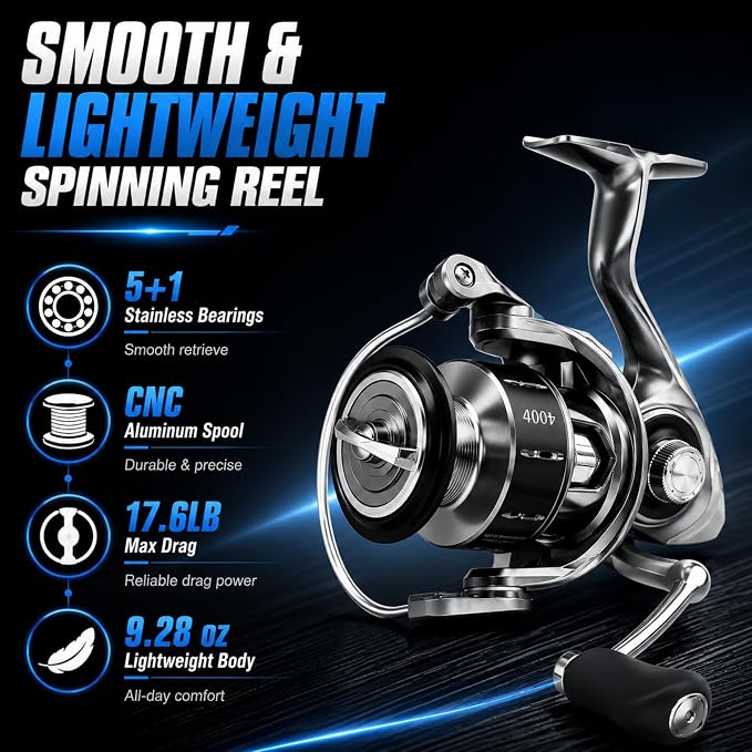 Spinning Fishing Reel, 5+1 Stainless Bearings Lightweight Fishing Reel with CNC Aluminum Spool, 17.6LB Max Drag, Screw-in Handle for Freshwater Saltwater Fishing