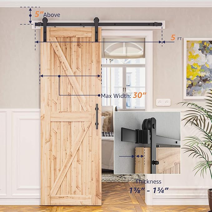 SMARTSTANDARD 5ft Barn Door Hardware Kit, Sliding Door Hardware, Heavy Duty, Easy to Install, Fit 30" Wide Door Panel (I Shape Hanger)