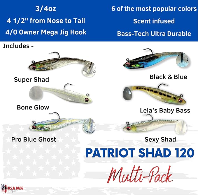 USA Bass Tackle Patriot Shad - Scent Infused Paddle Tail Swimbaits Pre Rigged Fishing Lures Premium Bait Strong Owner Hook, Fishing Gear for Bass Freshwater Predator Fish