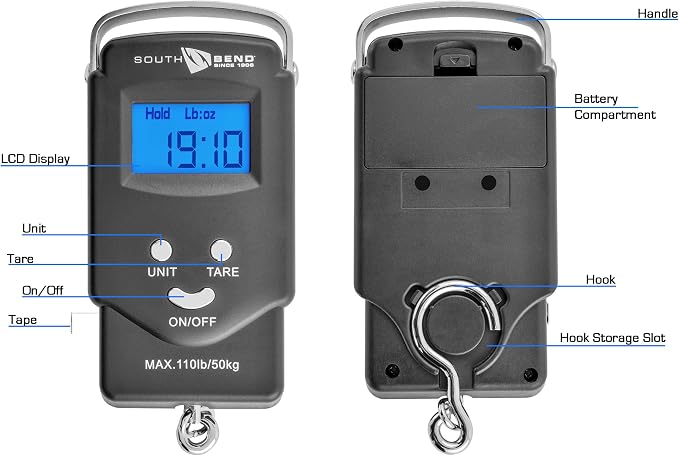 South Bend Digital Hanging Fishing Scale and Tape Measure with Backlit LCD Display, 110lb/50kg Weight Capacity (Batteries Included)