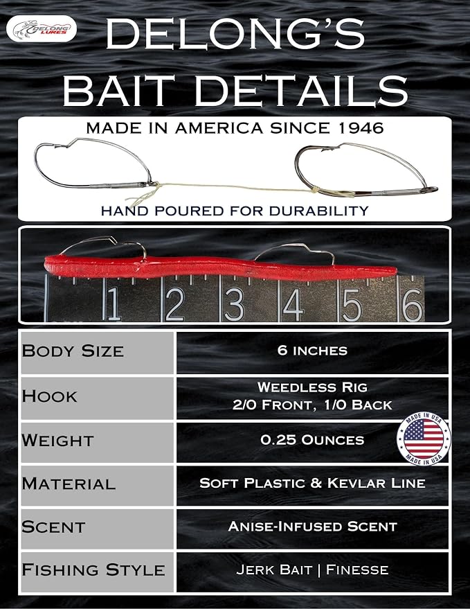 DeLong Lures 6" KILR Worm – Made in USA Weedless Pre-Rigged Soft Plastic Swimbaits, Extra Durable Bass Fishing Lures for Pike and More, 5-Pack Variety