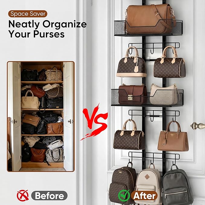 Purse Organizer, Bag Organizer for Closet Door, Over The Door Hanging Handbag Storage Rack with Adjustable 12 Metal Hooks & 2 Baskets, Foldable, No Tools Installation