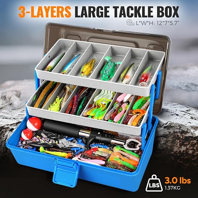 PLUSINNO Large 3 Layers Fishing Tackle Box with Tackle Included, 415Pcs Fishing Lures Kit Contains Pliers, Crankbait, Weights, Accessories, Portable Fishing Gear Gifts for Men Starter Kits Bass Trout