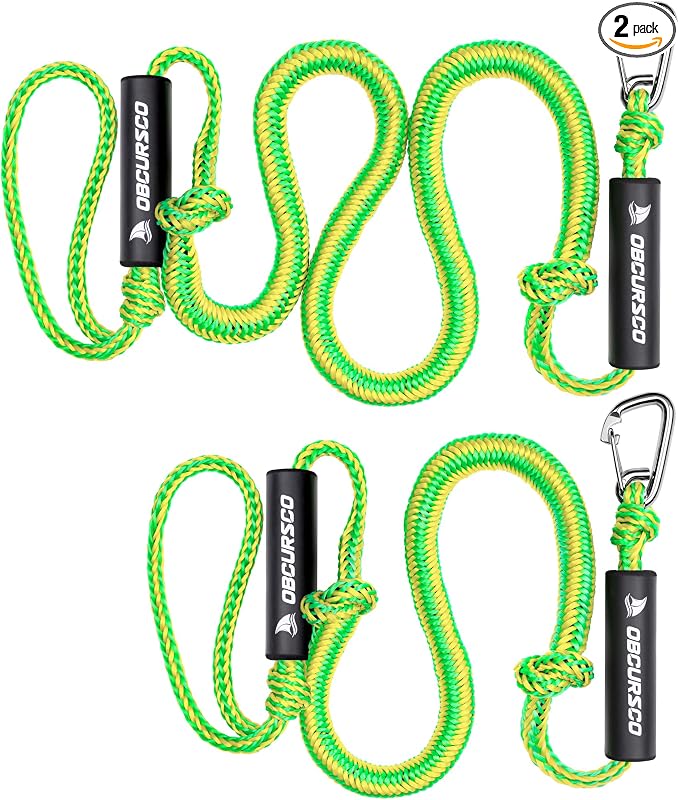 Obcursco Bungee Dock Lines for Boat, Docking Rope with 316 Stainless Steel Clips, Accessories for Jet Ski, PWC, SeaDoo, Pontoon, Center Console, Sets of Two(4ft & 6ft) (Green/Yellow)