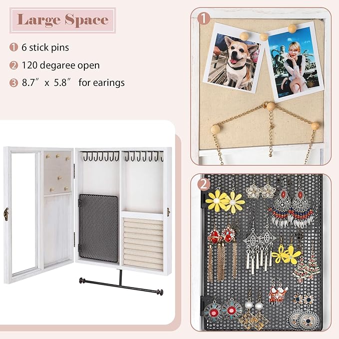 Keebofly Wall Mounted Jewelry Organizer With Rustic Wood Large Space Jewelry Cabinet, Holder, Storage Box for Necklaces, Earrings, Bracelets, Ring Holder, and Accessories White