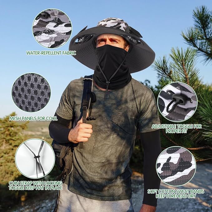 Syhood Solar Powered Fan Hat Neck Gaiter Arm Sleeves Sun Bucket Hat with Fan Cooling Wide Brim Hats for Fishing Hiking