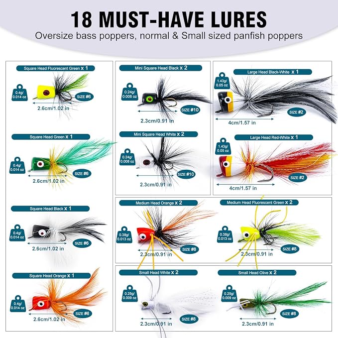 Goture Fly Fishing Poppers Lures, Topwater Popper Flies Bugs Lure, Fly Fish Poppers Fishing Lures Kit, Dry Flies for Panfish Bluegill Crappie Sunfish Bass Trout Salmon