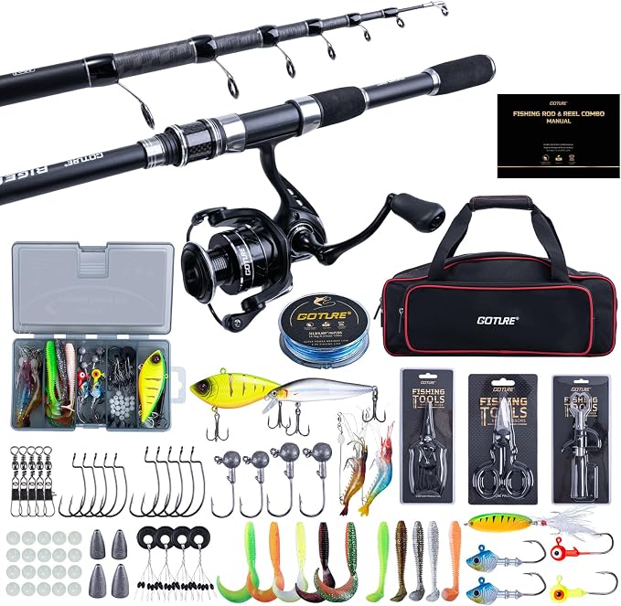 Goture Fishing Rod and Reel Combo, Red Telescopic Fishing Pole with Full Starter Kit & Carrier Bag, Portable 24T Travel Spinning Rod for Bass Trout, Freshwater Beginners Gift