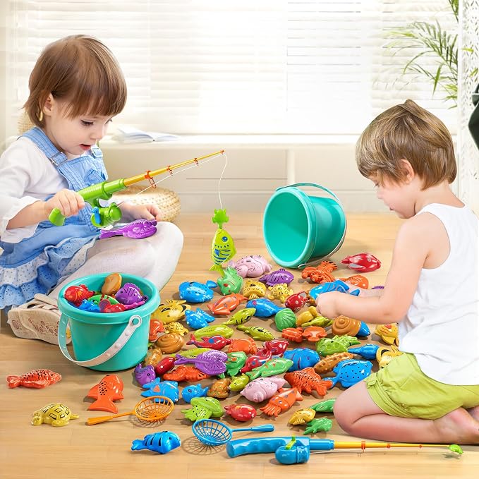 NIPLOOOW Magnetic Fishing Game Pool Toys for Kids 3-5, Water Table Bathtub Kiddie Party Toy with Pole Rod Net Plastic Floating Fish, Outdoor Toys for Kids Age 3 4 5 6 7 8 Year Old