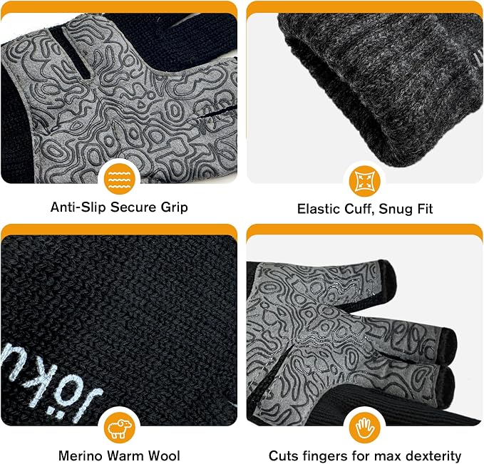 Jökulríki Merino Wool Gloves 3-Cut Fingerless Gloves for Men Women Cold Weather Winter Fishing Photography