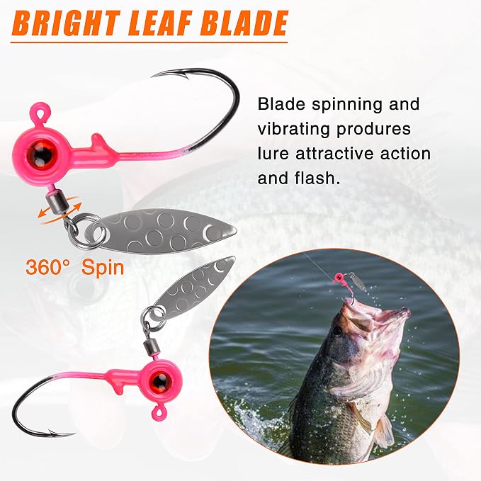 Crappie Jig Heads Fishing Lures Kit, 15pcs Underspin Jig Heads with Spinner Blade Crappie Lures Eye Ball Head Painted Fishing Jigs for Bass, Trout, Panfish, Sunfish