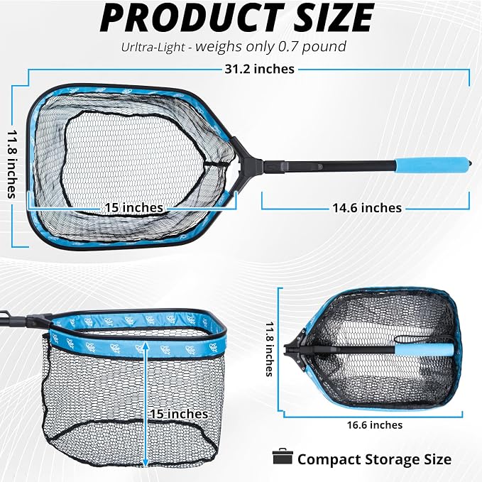 Floating Fishing Net, Collapsible Landing Net, Fish Net with Rubber Coated Polyethylene Netting for Bass, Trout, Fly Fishing, Kayak & Boat Fishing