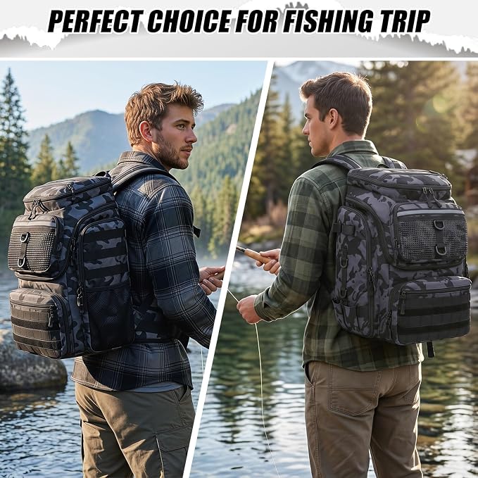 HAMBOLY Fishing Backpack 45L with Rod Holders, Water-Resistant Tackle Backpack for Fishermen, Large Capacity Fishing Gear Bag for Travel Hiking Camping