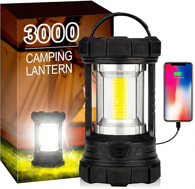 elesall Camping Lantern, 3000LM LED Rechargeable Battery Operated Lantern, 5 Light Modes, COB Waterproof Lantern Flashlight, Camping Light for Power Outage, Hurricane, Survival, Hiking(Black)