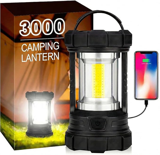 elesall Camping Lantern, 3000LM LED Rechargeable Battery Operated Lantern, 5 Light Modes, COB Waterproof Lantern Flashlight, Camping Light for Power Outage, Hurricane, Survival, Hiking(Black)