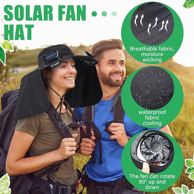 Chuarry Wide Brim Sun Hat with 2 Solar Fans and Neck Flap Outdoor Solar Powered USB Charging Bucket Fishing Hat for Men Women