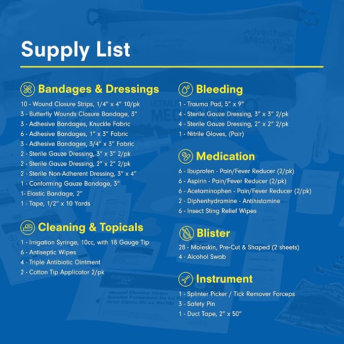 Adventure Medical Kit Ultralight/Watertight Medical Kit .9 - Up to 4 People, Up to 4 Days - Includes Bandages, Blister Essentials & More - Perfect for Hiking, Biking & Climbing