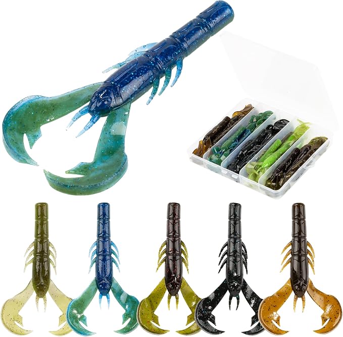 Soft Plastic Craw Baits 25-Pack, 4in Jig Trailer Creature Lures with Big Claws for Bass Fishing, Crawfish Soft Bait for Freshwater
