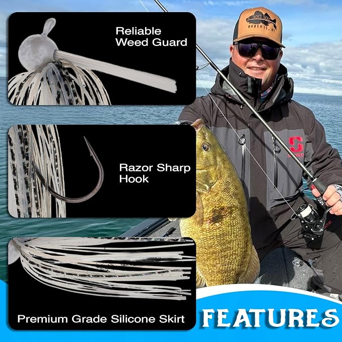 Reaction Tackle Football Jigs for Bass Fishing - Weedless Bait Design/Foot Ball Jig Head/Fishing Lures and Silicone Skirt - Also Pike, Walleye and Muskie and More (3-Pack)