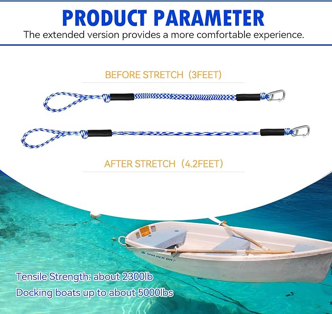 Boat Bungee Dock Lines – Adjustable Boat Tie Downs for Pontoon, Jet Ski, PWC, Kayak | Single Hook Small Cruiser Mooring Lines | (2, Blue & White, 3 Feet)