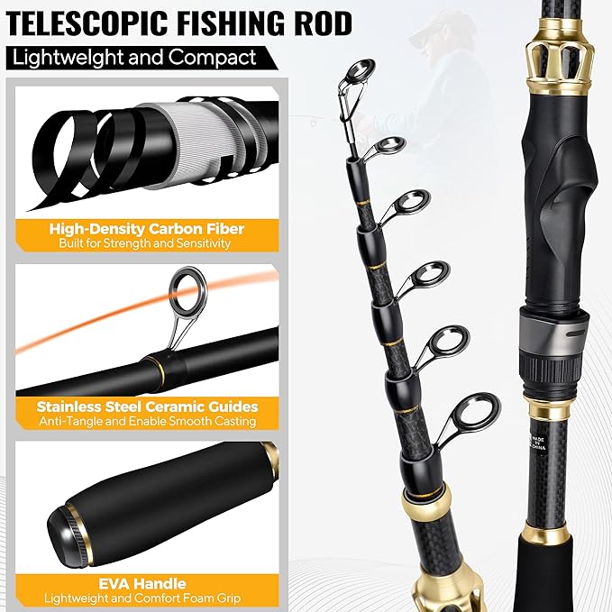 PLUSINNO Fishing Rod and Reel Combo, Telescopic Fishing Pole Kit with Spinning Reel, Tackle Box, Fishing Lures and Travel Carrying Bag, Fishing Gear Gifts for Men