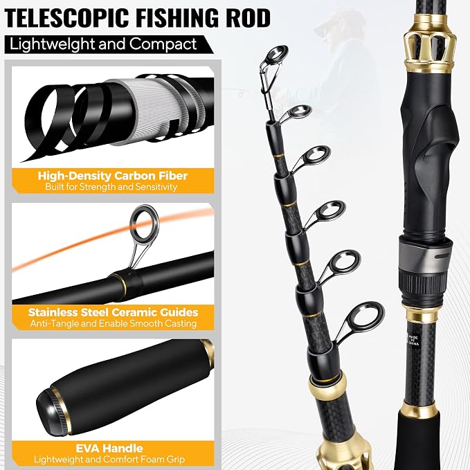 PLUSINNO Fishing Rod and Reel Combo, Telescopic Fishing Pole Kit with Spinning Reel, Tackle Box, Fishing Lures and Travel Carrying Bag, Fishing Gear Gifts for Men