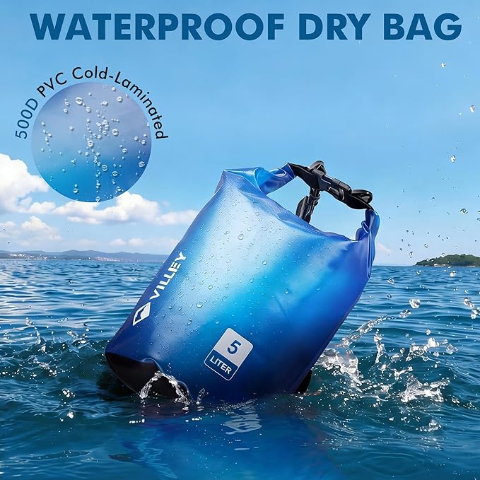 VILLEY Dry Bag Waterproof 5L Roll Top Storage Backpack, Keeps Gear Dry Lightweight Backpack for Kayaking Boating Camping Swimming and Beach Accessories Blue Transparent