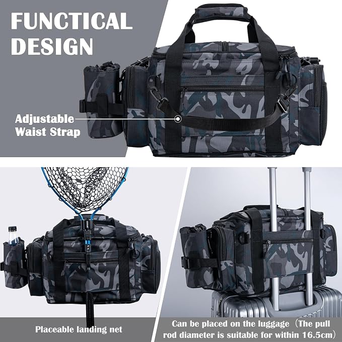Goture Fishing Tackle Bag,Store Up to 4PCS 3700 Tackle Boxes(Not Included),600D Soft Side Water-Resistant Saltwater Gear Storage Fishing Bag with Rod Straps,Detachable Water Bottle Pouch,SBS Zippers