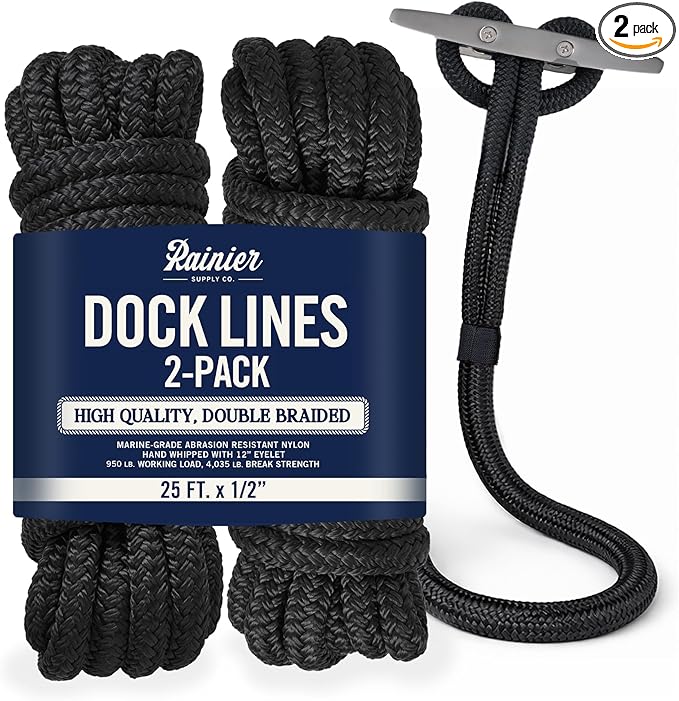 RainierSupplyCo Dock Lines 2-Pack - Boat Rope for Docking with Loop - 25 ft x 1/2 Inch Premium Double Braided Nylon Marine Rope - Mooring Line with 12" Eyelet - Boat Accessories - Black