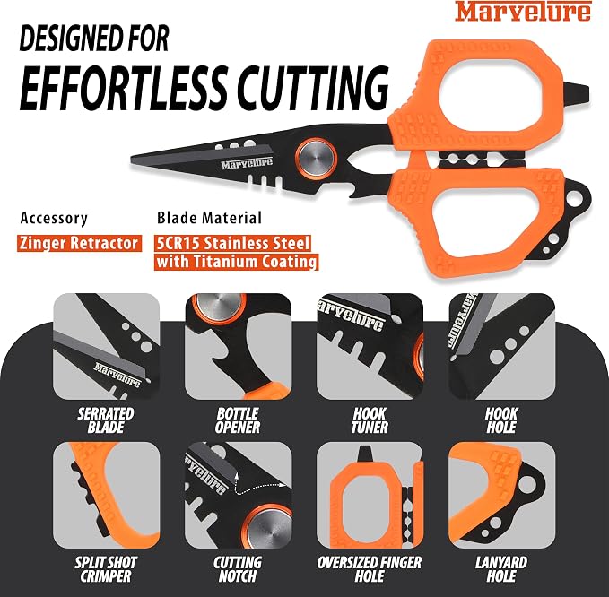 Pro Fishing Shears 4.7'' (12 cm), Dual Serrated Blades, Titanium-Coated Braided Line Scissors with Non-Slip Grip & Multifunction Tool, Includes Zinger Retractor (Orange, 4.7'' (12 cm))