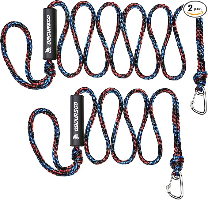 Obcursco Heavy Duty Boat Dock Lines (7ft & 14ft) - 1/2" Marine Mooring Rope with 316 Stainless Steel Clip - Accessories for PWC, Pontoon, Center Console, Jet Ski (Black/Red/Blue, 2 Pack)
