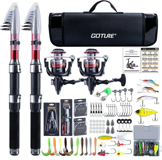 Goture Fishing Rod and Reel Combos-2PCS Telescopic Fishing Pole+2PCS Spinning Reels with Carrier Bag,1.8M-2.7M Telescopic Rod Reel Kit for Starter Travel Saltwater Freshwater,Gifts for Men