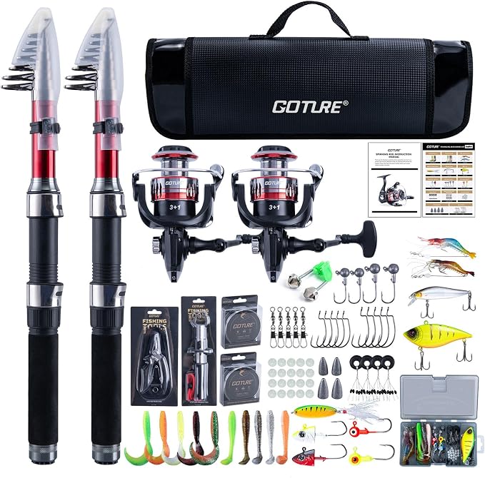 Goture Fishing Rod and Reel Combos-2PCS Telescopic Fishing Pole+2PCS Spinning Reels with Carrier Bag,1.8M-2.7M Telescopic Rod Reel Kit for Starter Travel Saltwater Freshwater,Gifts for Men