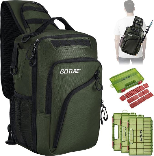Goture Green Tactical Sling Fishing Bag with Trays, Heavy Duty 1680D Fishing Backpack for Hiking Camping, Adjustable Shoulder Strap with Rod Holder & Tool Pockets, Tackle Box Organizer Bag