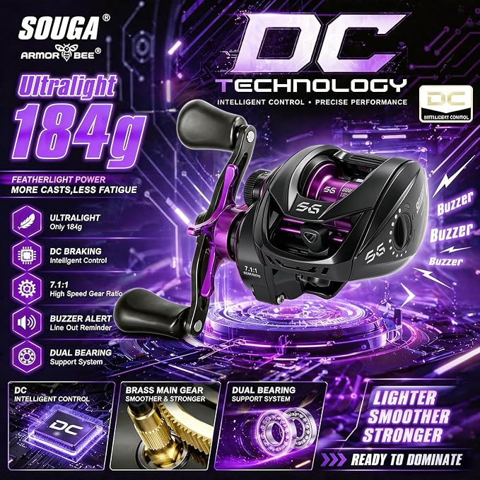 SOUGA Baitcasting Reel, Ultra-Light 184g & Smooth 6+1BB Baitcaster Fishing Reel, Smart Magnetic Anti-Backlash System, 7.1:1 Gear Ratio, Drag Easy Casting for Tournament & Beginner Anglers