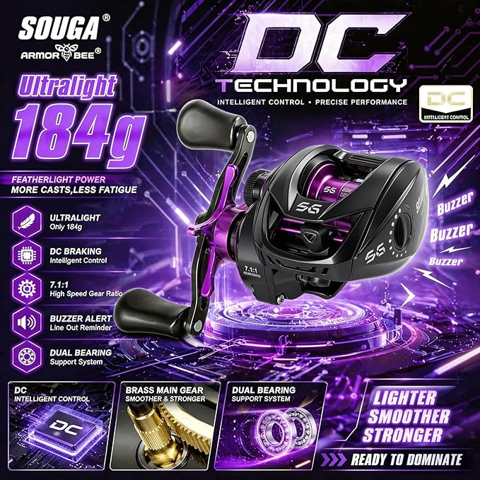 SOUGA Baitcasting Reel, Ultra-Light 184g & Smooth 6+1BB Baitcaster Fishing Reel, Smart Magnetic Anti-Backlash System, 7.1:1 Gear Ratio, Drag Easy Casting for Tournament & Beginner Anglers