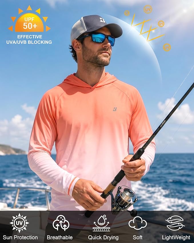 Roadbox UPF 50+ Fishing Shirts for Men, Long Sleeve UV Sun Protection Hoodie, Outdoor Hiking Running Swimming Rash Guard
