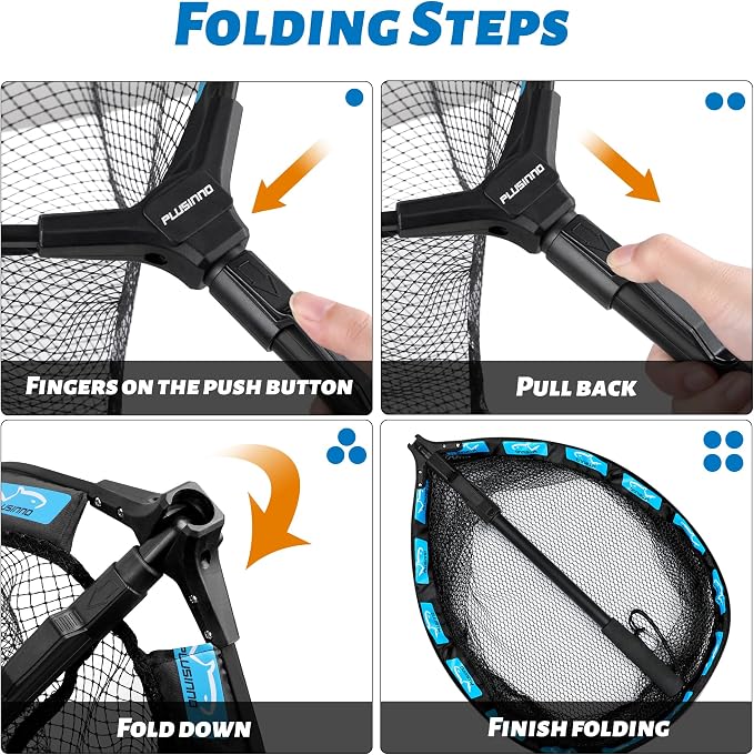 PLUSINNO Fishing Net Fish Floating Landing Net, Kayak Nets with Fixed Foldable Telescopic Pole Handle, Bass Trout Fishing Nets with Nylon Mesh for Pond Lake River, Fishing Gear Gifts for Men Anglers