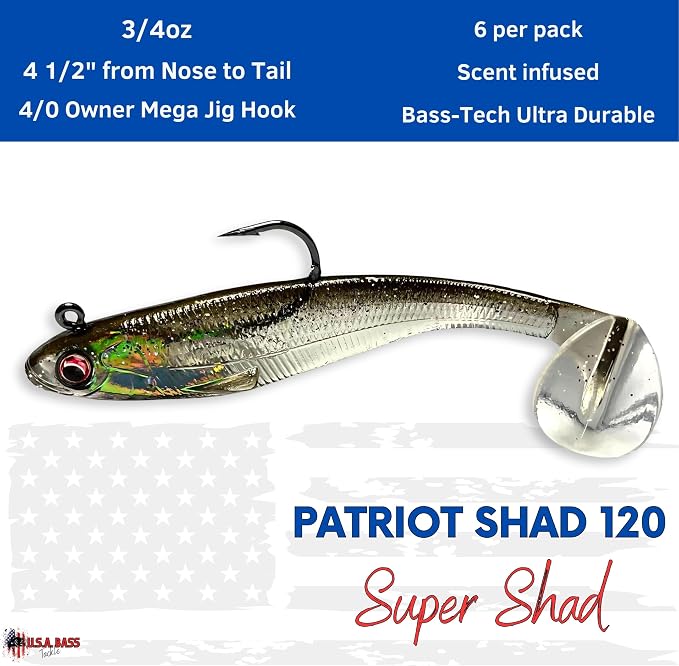USA Bass Tackle Patriot Shad - Scent Infused Paddle Tail Swimbaits Pre Rigged Fishing Lures Premium Bait Strong Owner Hook, Fishing Gear for Bass Freshwater Predator Fish