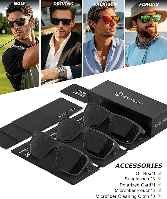 KALIYADI Polarized Sunglasses for Men and Women, Mens Sun Glasses with UV Protection for Driving Fishing Golf (3 Packs)
