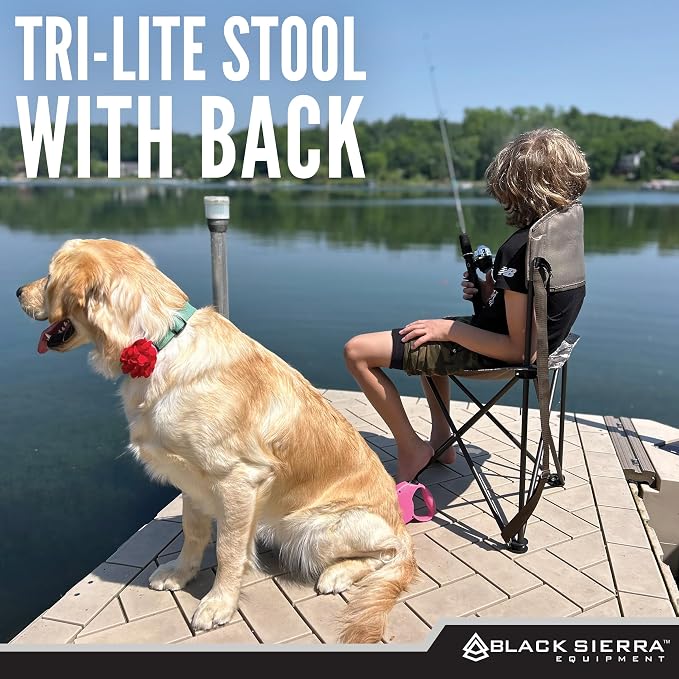 Black Sierra Tri-Lite Folding Stool with Backrest & Cup Holder, Lightweight Portable Hunting Fishing Chair with Carry Strap, Collapsible Outdoor Tripod Seat Supports 225 lbs