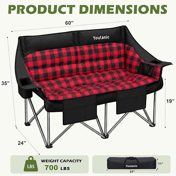 Youtanic 60" Extra Double Camping Chair, 700lbs Heavy Duty Padded Loveseat for Adults, Oversized 2 Person Folding Camp Couch with Dual Cup Holders, Portable Plaid Lawn Chair for Outside, Sports, Red