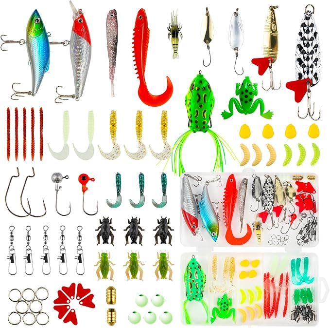 GOANDO Fishing Lures Kit for Freshwater Bait Tackle Kit for Bass Trout Salmon Fishing Accessories Tackle Box Including Spoon Lures Soft Plastic Worms Fishing Gifts