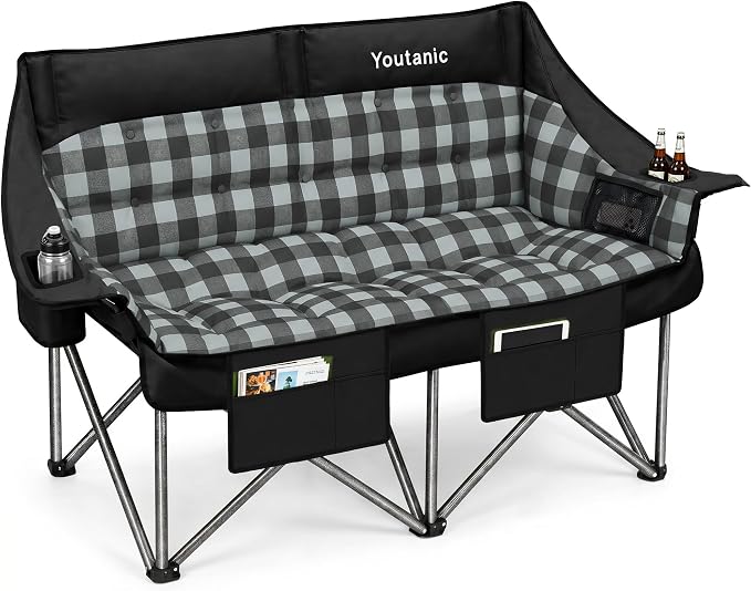 Youtanic 60" Extra Double Camping Chair, 700lbs Heavy Duty Padded Loveseat for Adults, Oversized 2 Person Folding Camp Couch with Dual Cup Holders, Portable Plaid Lawn Chair for Outside, Sports, Black