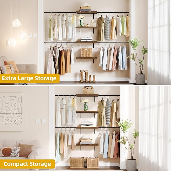 DWVO Closet Organizer System, Wall-Mounted Garment Rack Walk In Closet System, 4 Expandable Hanger Rods 4-Tier Wood Closet Storage Shelves with Backplane, Fits 6-9 ft Space, Black