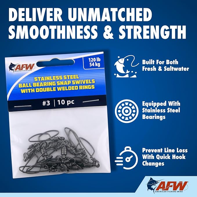 American Fishing Wire Stainless Steel Ball Bearing Snap Swivels with Double Welded Rings