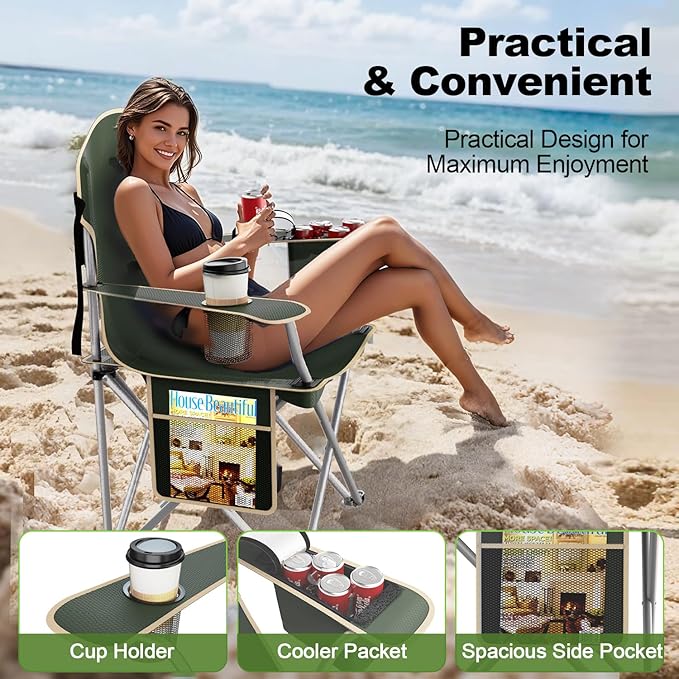 VTOY Folding Camping Chairs Durable 600D Oxford, Portable Outdoor Chair with Cooler Pouch, Cup Holder & Storage Pocket for Camping, Beach, Fishing