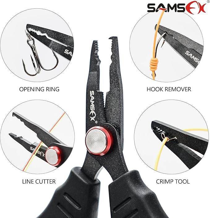 SAMSFX Fishing Scissors for Braided Line, Fishing Line Cutter Saltwater and Freshwater, Serrated Shears with Retractor, Optional Split Ring Opener Function