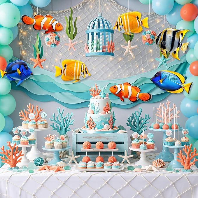 Silipull 11 pcs Tropical Fish Party Decorations Kit Fishing Net Cute Cardstock Photo Prop for Under The Sea Decor Birthday Sea Animal Indoor Outdoor Dessert Table Party Supply